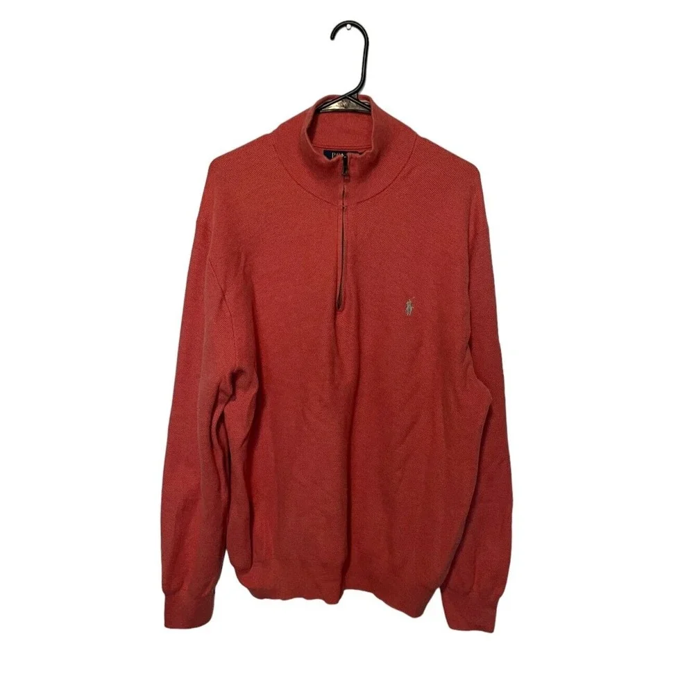 Polo Ralph Lauren 1/4 Zip Sweater Mens XXL Coral Pink Pima Cotton Pique Pony